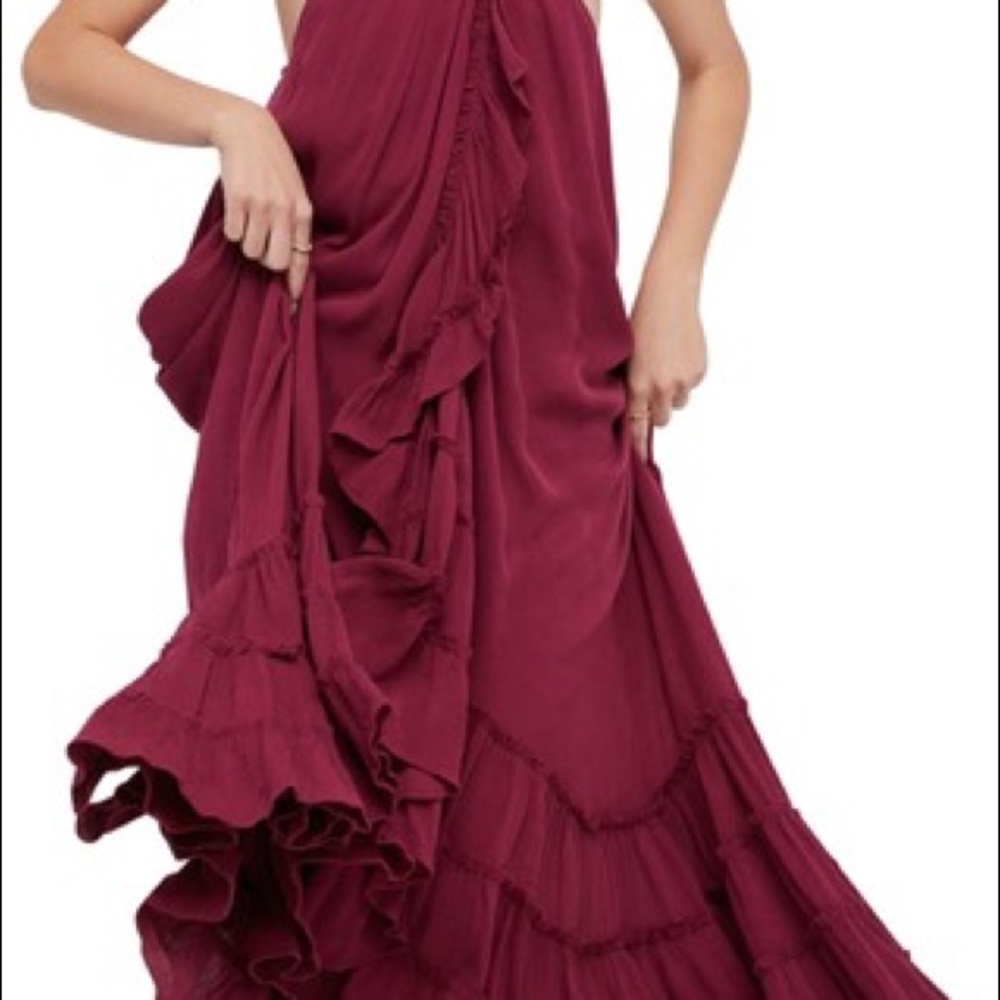 Free People Endless Summer Wrap Around Maxi Dress Ruffle Halter Red Wine M